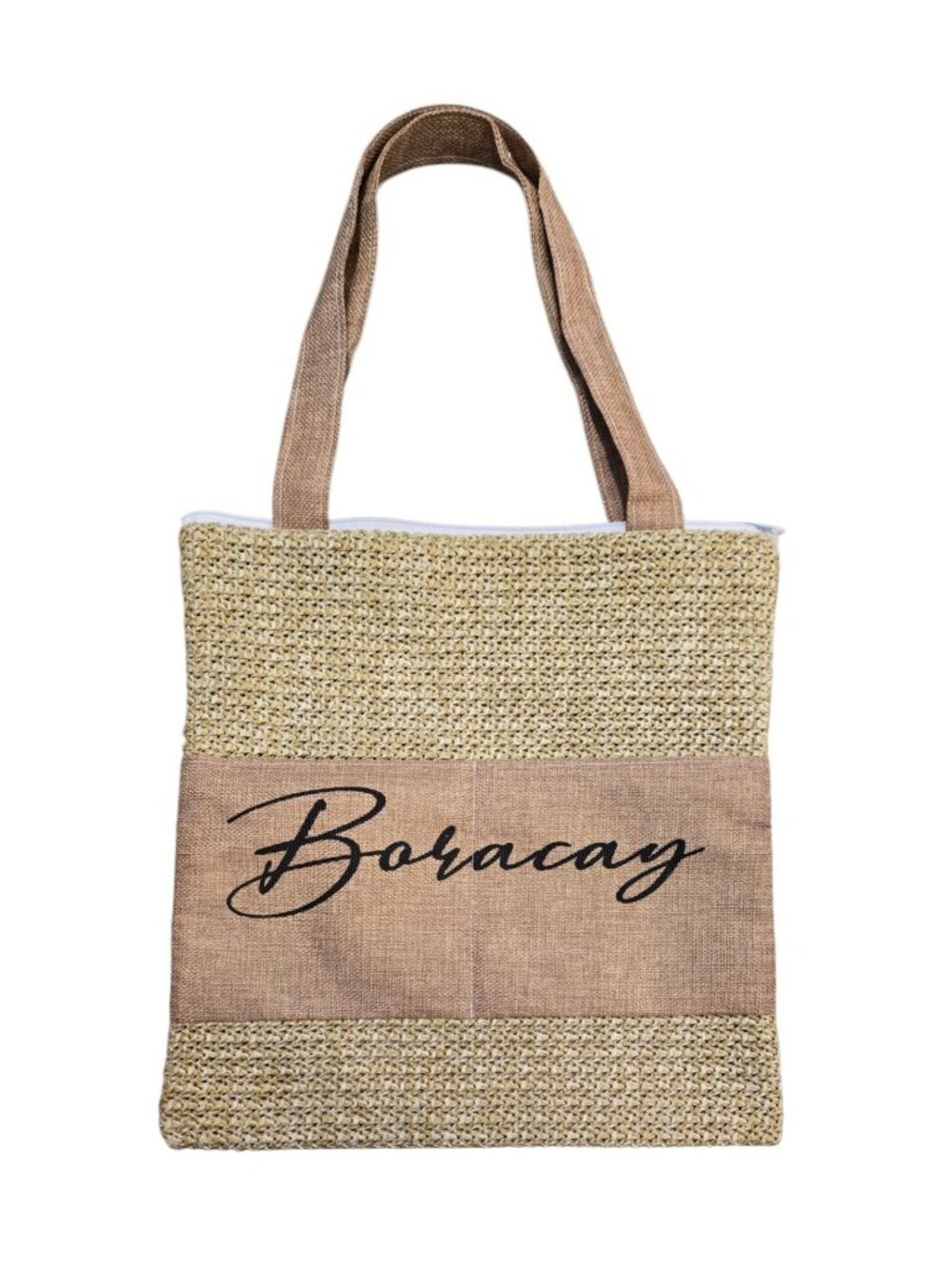 Boracay Island  Zippered Jute Fabric Tote Bag With Pockets Beach Day Vacation
